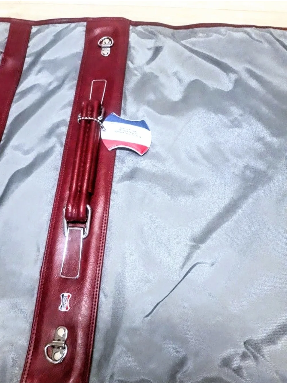 Vintage Collectible Gray and Burgundy American Travel Garment Bag Shoulder Strap